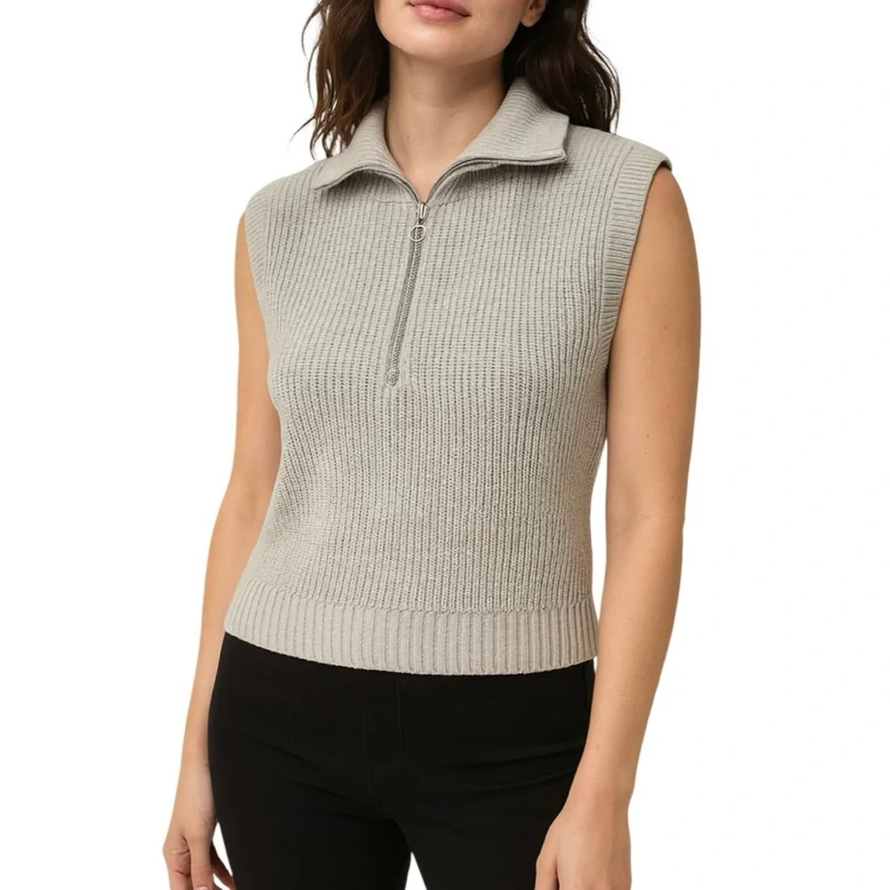 Rachel Zoe Gray Sleeveless 1/4 Zip Closure Ribbed Knit Sweater Vest SzM